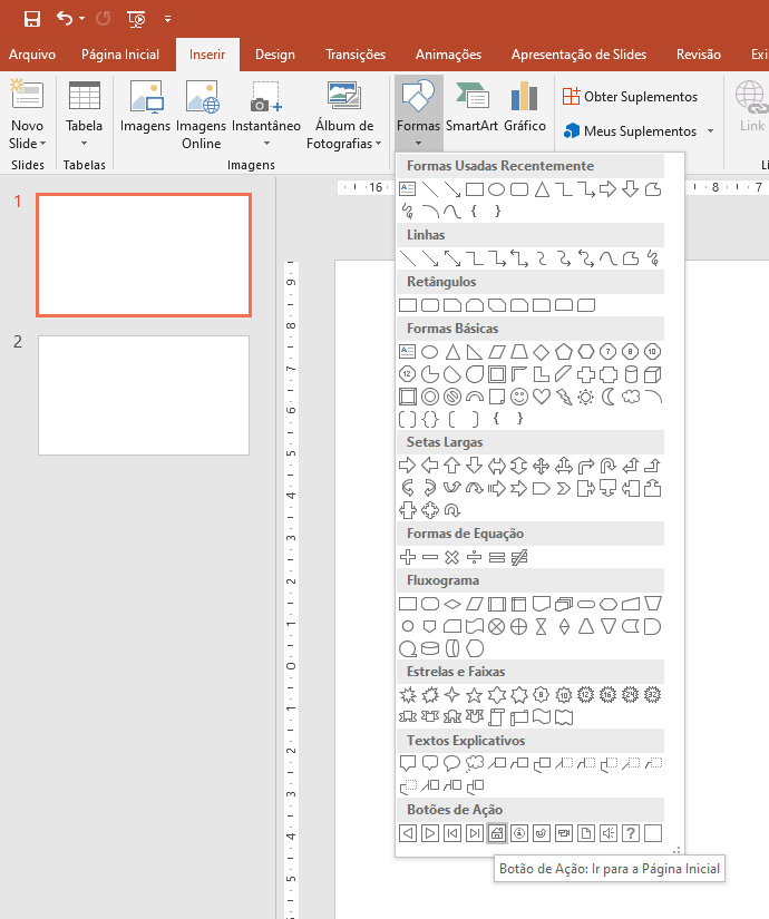 Caixa de “Formas” mostrando várias opções e, dentre elas, os “Botões de ação”.