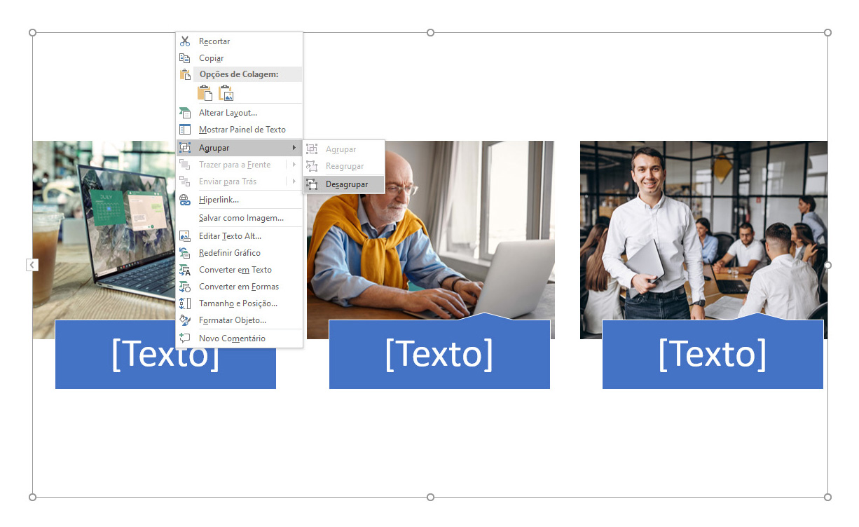 Interface do Powerpoint com as três imagens com tamanhos iguais e com uma caixa de texto embaixo de cada uma delas.