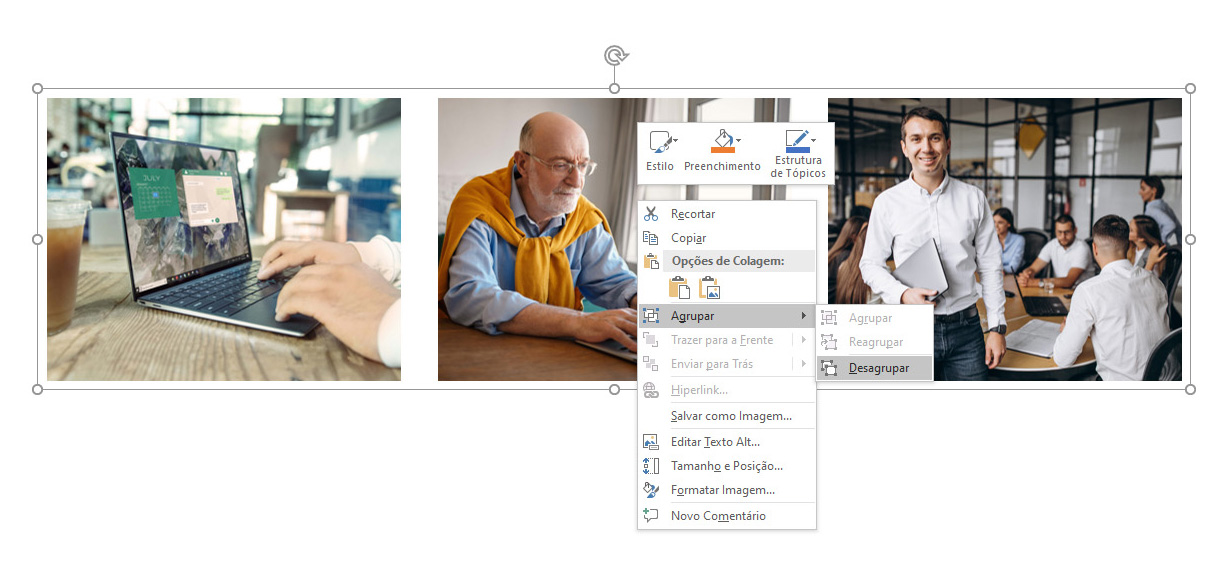 Interface do Powerpoint com as três imagens com tamanhos iguais.