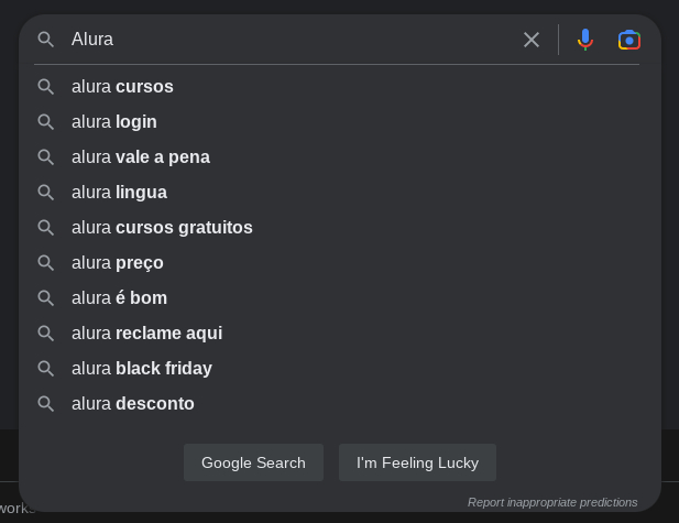 Página inicial do Google, com o nome “Alura” escrito no campo, mostrando sugestões como "Alura Cursos" e "Alura Login".