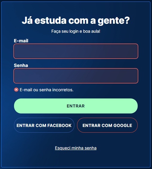 Área de login do site da Alura, mostrando os campos “E-mail” e “Senha” com bordas vermelhas, sinalizando erro, e um aviso abaixo do campo “Senha” escrito “E-mail ou senha incorretos.”