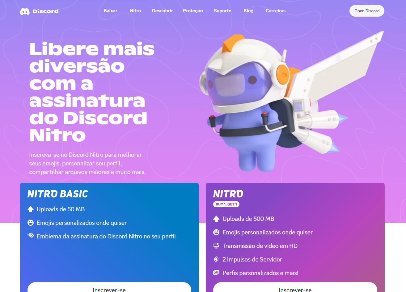 PrintScreen da página Nitro do Discord, a qual apresenta informações sobre o site e dados como preço e o que está incluso na assinatura.