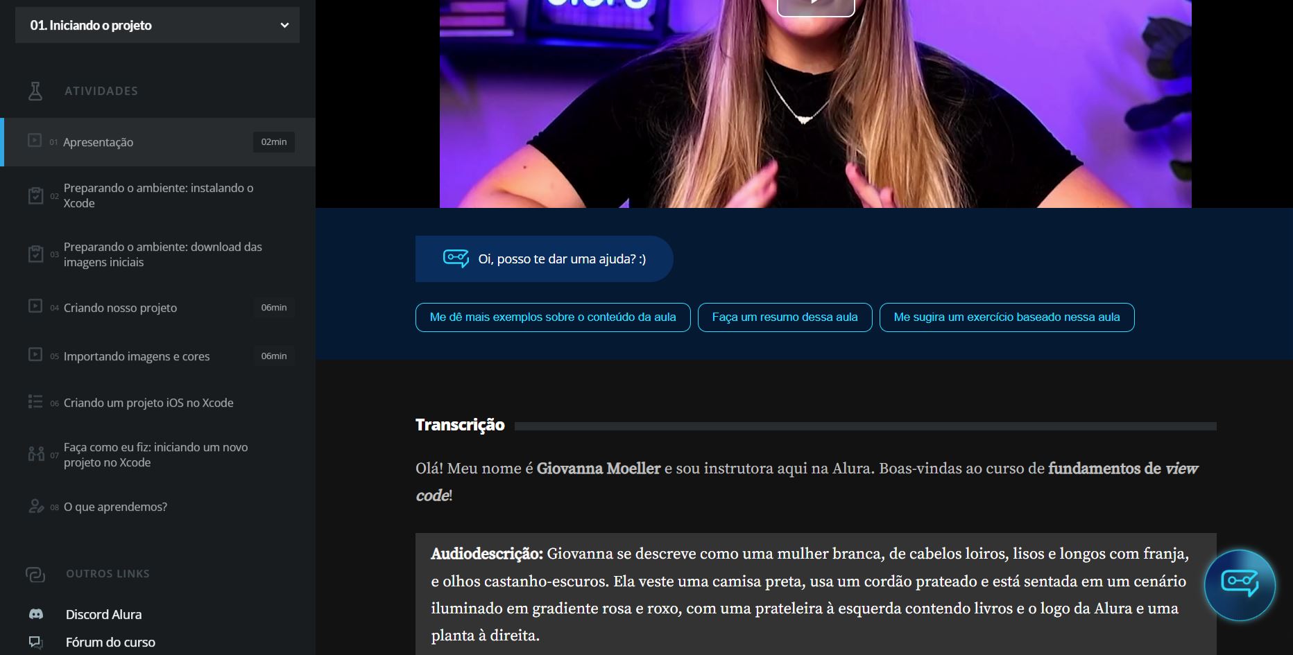 Print de uma videoaula de um curso da Alura em que, logo abaixo do tocador de vídeo, encontra-se a transcrição da videoaula.