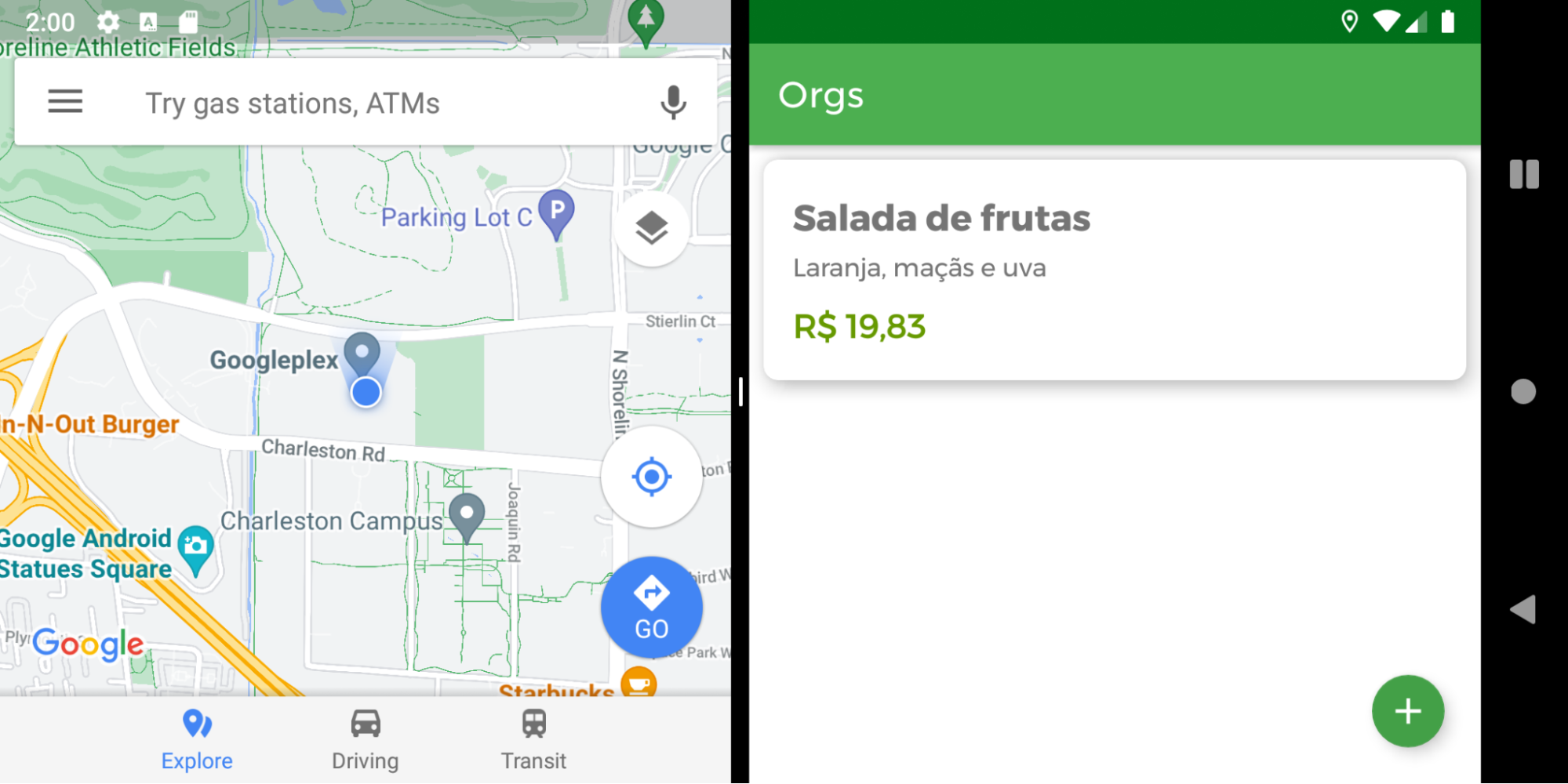 Print da tela de um celular que está na horizontal e dividido ao meio verticalmente em dois aplicativos rodando ao mesmo tempo. Ao lado esquerdo, temos o aplicativo de mapas aberto em uma localização aleatória tendo uma caixa de pesquisa de endereços na parte superior e dois botões na parte inferior direita: um branco com símbolo de GPS e outro azul logo abaixo com uma seta para direita e a inscrição “GO”. No lado direito da tela, temos o aplicativo Orgs, que tem uma barra superior na cor verde com o escrito Orgs, e, abaixo, temos uma lista com um único item com o nome Salada de Frutas, trazendo abaixo os dados Laranja, maçãs e uva. No canto inferior direito, há um botão circular verde com um sinal de soma branco no meio.