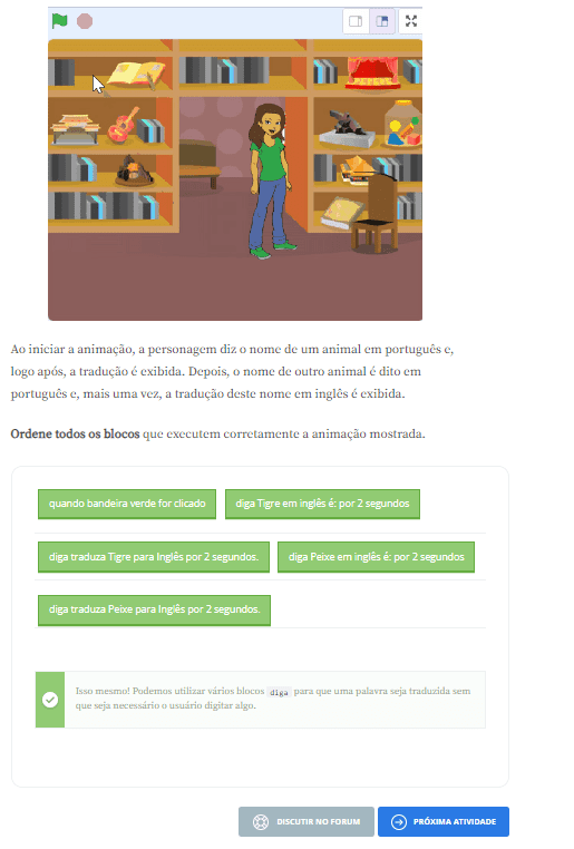 Captura de tela exemplificando um conteúdo com exercício, curso da Alura Start, Scratch: desenvolvendo jogos através da programação, aula de Personagem, cenário e tradução.