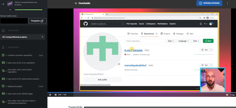 Captura de tela exemplificando um conteúdo sobre GitHub para o 2º ano do Ensino Médio, curso da Alura Start, GitHub: compartilhando seus projetos, aula sobre como Compartilhar Projetos.