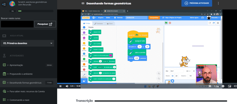 Captura de tela exemplificando um conteúdo sobre Recursão para o 9º ano do Ensino Fundamental, curso da Alura Start, Scratch: aventuras geométricas com Recursão, aula de Primeiros desenhos.