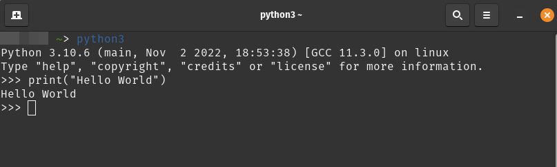 Imagem que mostra um Bash cujo comando python3 foi executado e que mostra a tela interativa do python funcionando. Um código em python é executado - print("Hello World") - que, logo em seguida, mostra o seu retorno - Hello World.