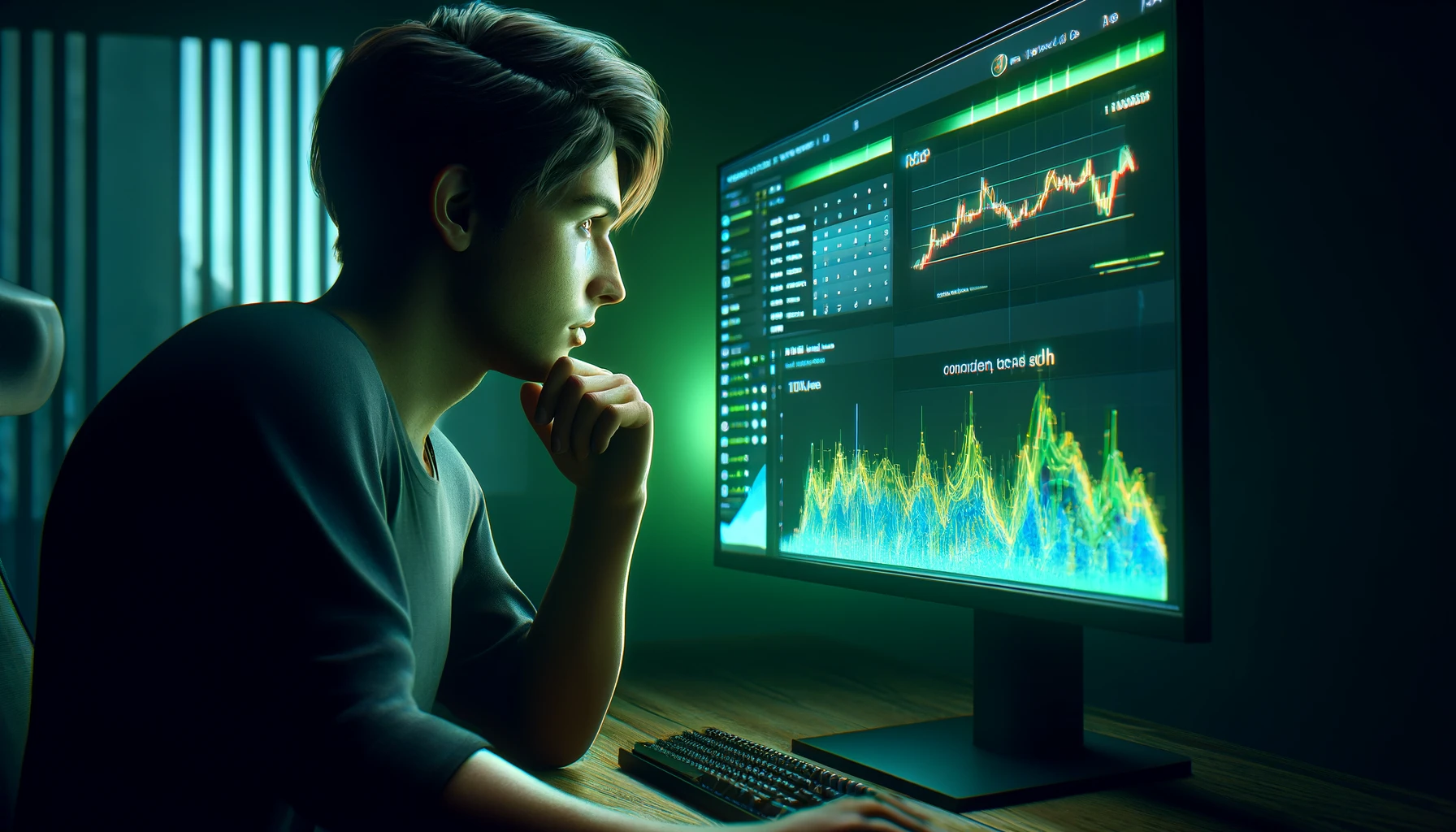 Imagem de uma pessoa gerada por IA. Com uma das mãos no queixo, o rapaz observa atentamente uma tela de computador que exibe um dashboard. Nesse dashboard, podemos notar tabelas, gráficos de linha e de área.