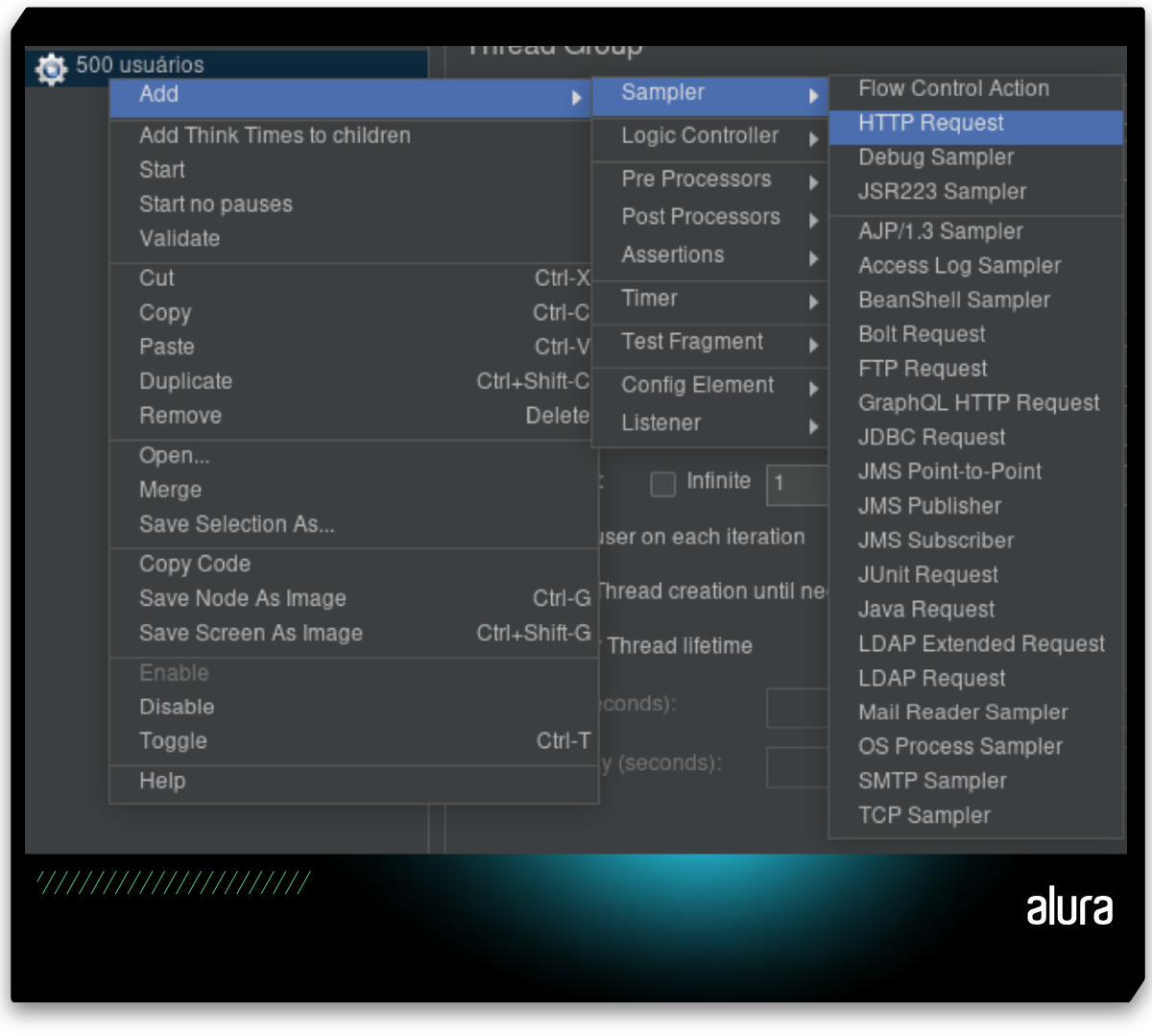 Opção para adicionar um Sampler ao Thread Group exibida ao clicar com o botão direito do mouse no Thread Group “500 usuários” e escolher a opção “Add -> Sampler”.