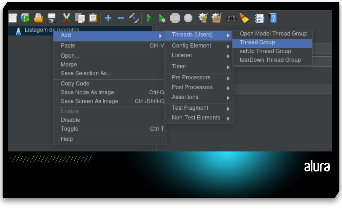 Opção para adicionar um Thread Group ao Test Plan exibida ao clicar com o botão direito do mouse no Test Plan “Listagem de produtos” e escolher a opção “Add Threads (Users)”.