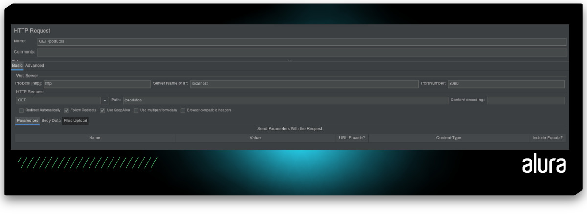 Tela de configurações do Sampler HTTP Request. O campo “Name” está preenchido com o texto “GET /produtos”, o campo “Comments” foi deixado em branco, o campo “Protocol [http]” está preenchido com o texto “http”, o campo “Server Name or IP” está preenchido com o texto “localhost”, o campo “Port Number” está preenchido com o texto “8080”, na seção “HTTP Request” a opção “GET” está selecionada, o campo “Path” está preenchido com o texto “/produtos”, o campo “Content encoding” foi deixado em branco, as opções “Redirect Automatically”, “Use multipart/form-data” e “Browser-compatible headers” estão desmarcadas, e as opções “Follow Redirects” e “Use KeepAlive” estão marcadas.