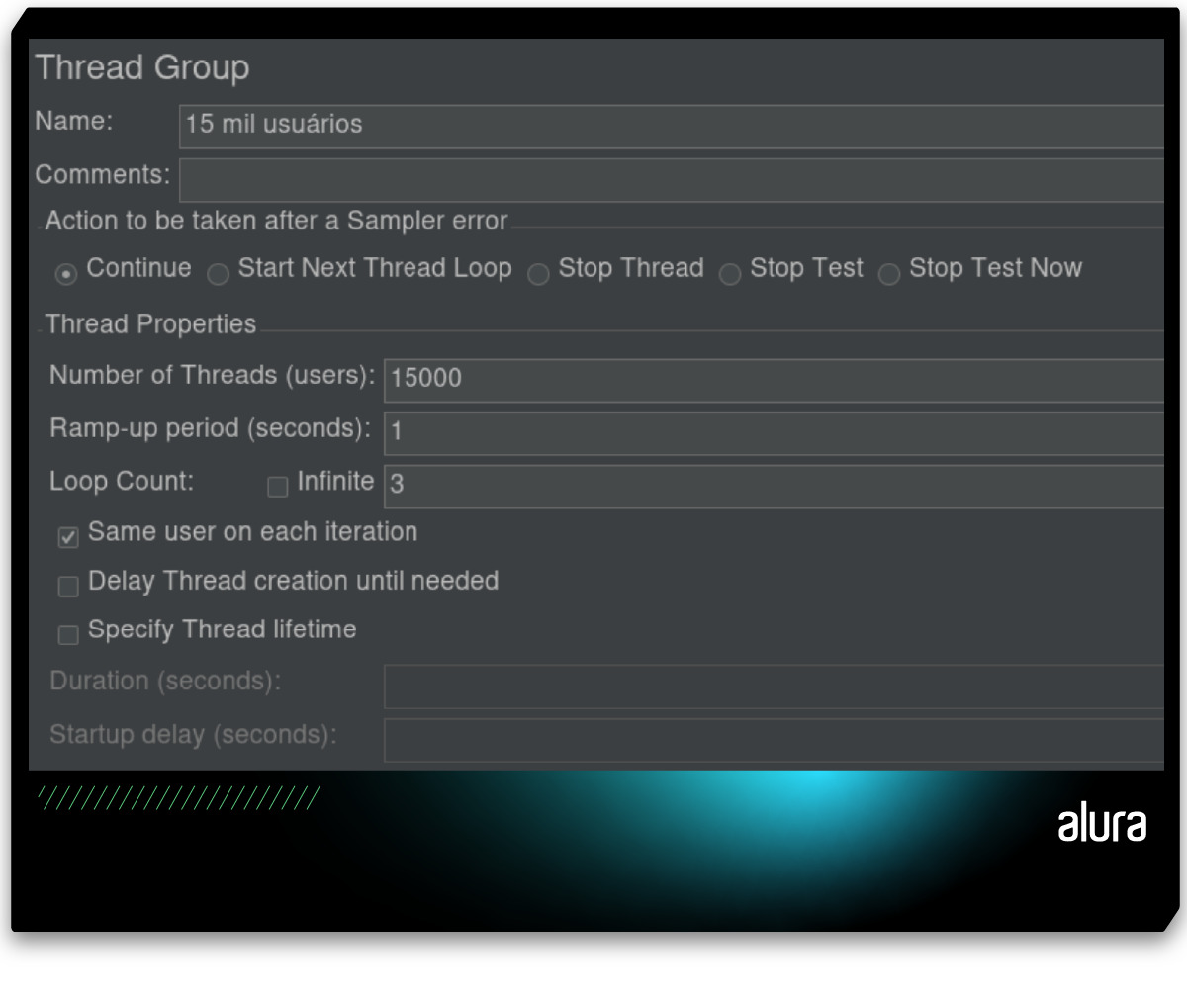 Tela de configurações do Thread Group. O campo “Name” está preenchido com o texto “500 usuários”, o campo “Comments” foi deixado em branco, o campo “Action to be taken after a Sampler error” está com a opção “Continue” selecionada, o campo “Number of Threads (users)” está com o valor 500, o campo “Ramp-up period (seconds)” está com o valor 1, o campo “Loop Count” está com a opção “Infinite” desmarcada e com o valor 1 digitado, a opção “Same user on each iteration” está marcada, os campos “Delay Thread creation until needed” e “Specify Thread lifetime” estão desmarcadas e os campos “Duration (seconds)” e “Startup delay (seconds)” estão em branco.