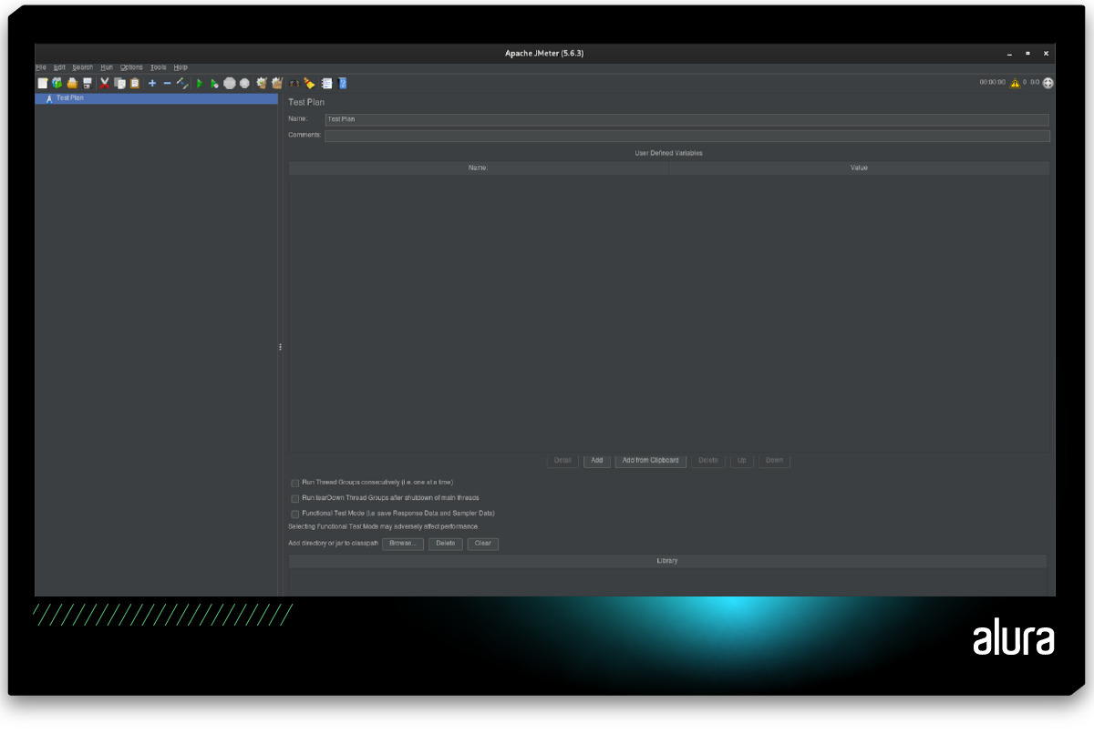 Tela inicial da ferramenta Apache JMeter. Na parte superior tem a barra de menu principal e abaixo dela existe uma lista de ícones com as principais ações que podem ser executadas. A parte principal, localizada abaixo a lista de ícones, é dividida em dois blocos, sendo que o bloco à esquerda contém a lista de planos de teste e o bloco à direita exibe os detalhes do plano de teste selecionado.