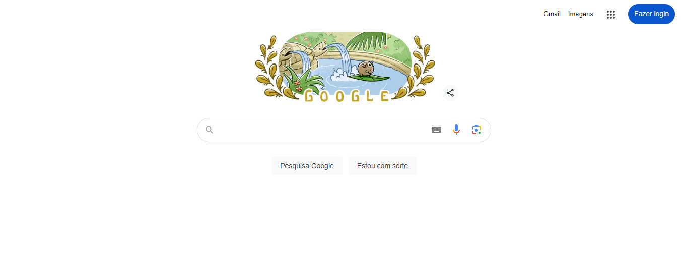 Ilustração do Google com uma tartaruga surfando em uma folha em uma pequena lagoa, cercada por plantas. Há destaque para a barra de pesquisa do Google e para o botão “fazer login”.