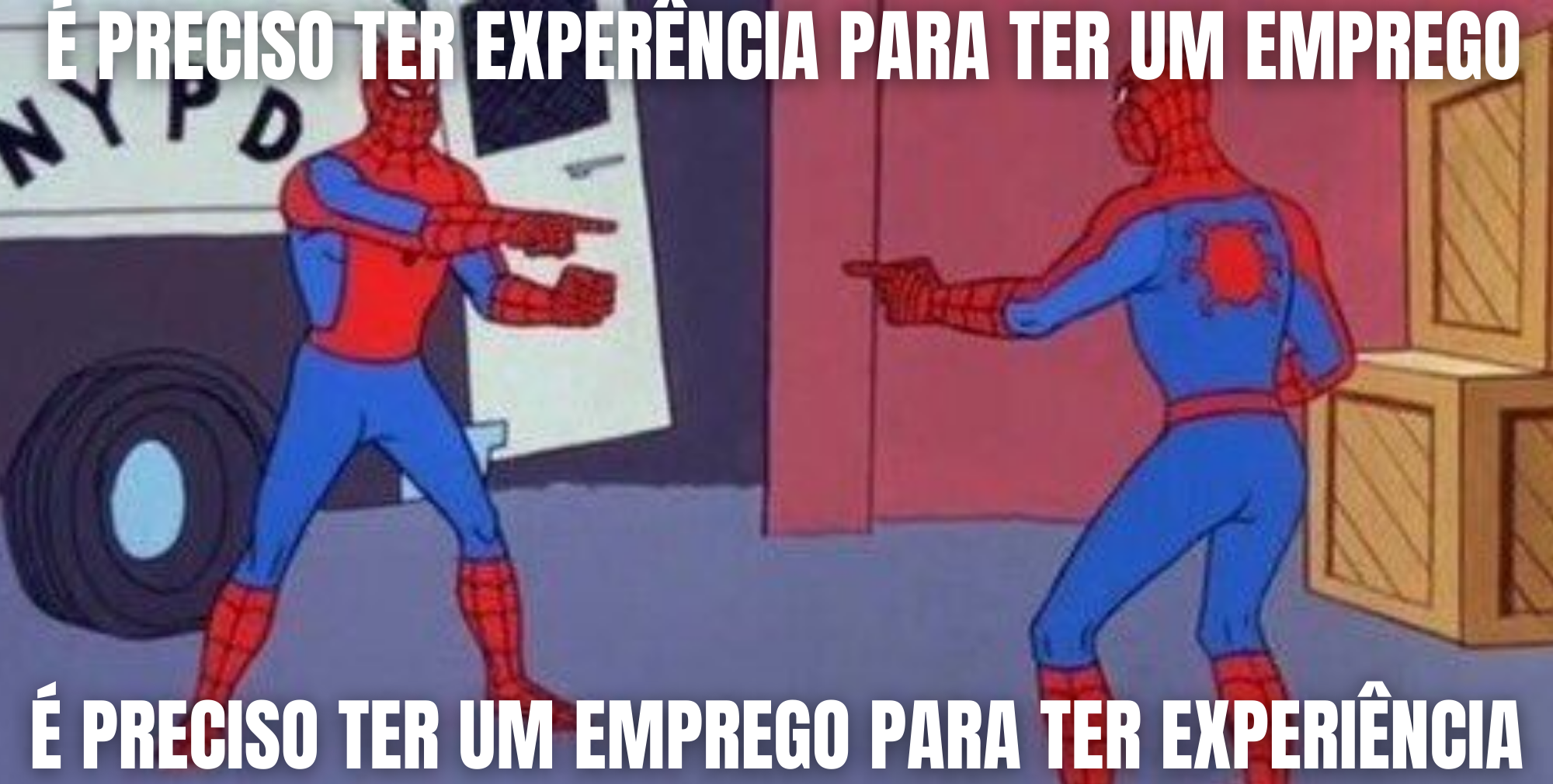 Desenho de dois homens-aranha apontando para o outro. Na parte superior da imagem está escrito “é preciso ter experiência para ter um emprego”. Na parte inferior está escrito “é preciso ter um emprego para ter experiência”. Ao fundo, no canto esquerdo, temos a parte traseira de uma van com as portas abertas e as letras NYPD pintadas na lateral. No canto esquerdo, temos uma parede cor de rosa e duas caixas de madeira empilhadas.