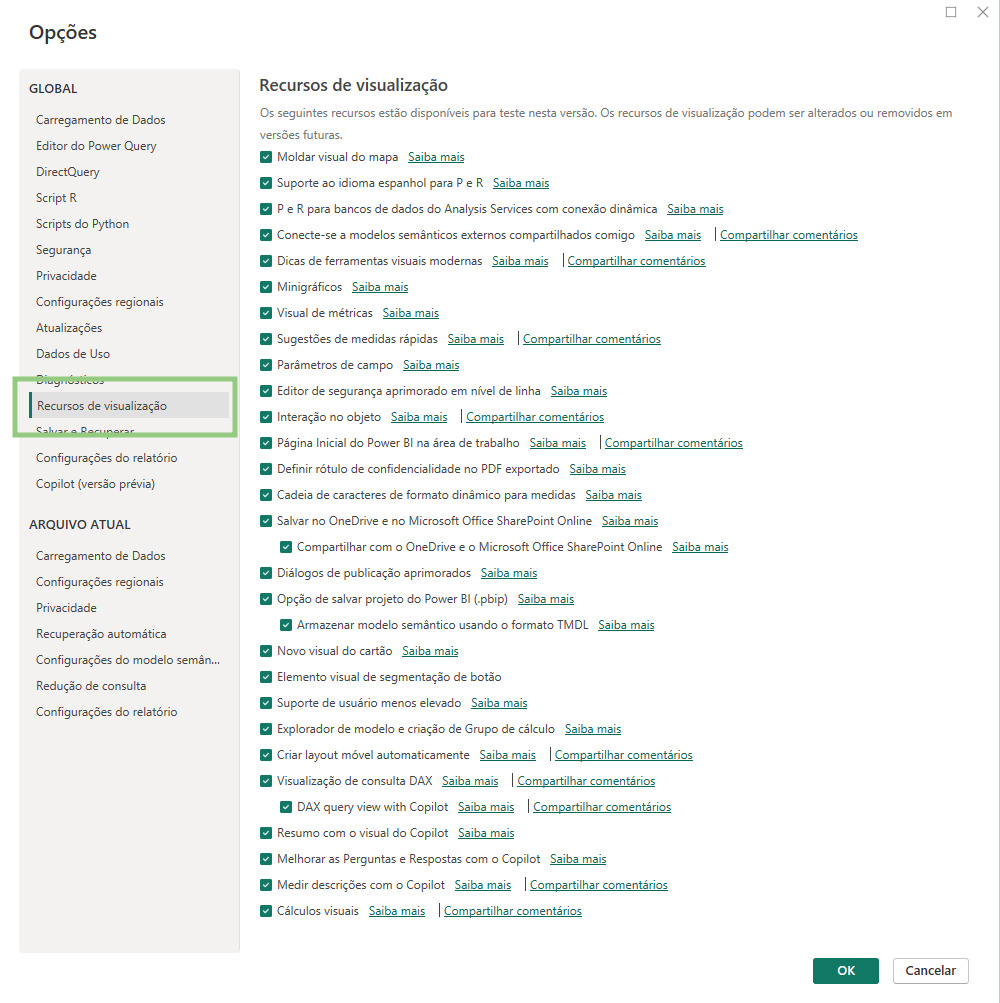 Print da tela “Opções” do Power BI Desktop com todas as opções de Recursos de visualização marcadas.