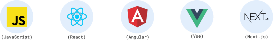 Lista com os logos oficiais das cinco tecnologias (entre linguagens e frameworks) atendidas pela AWS SDK para plataforma Web: JavaScript, React, Angular, Vue e Next.js.