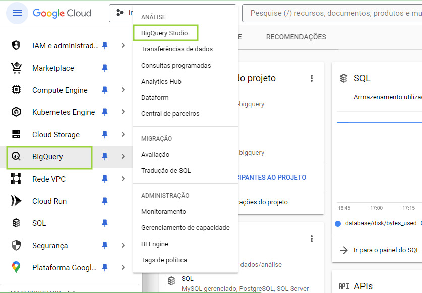 Página principal do cloud. Ao lado esquerdo o menu está aberto e há um retângulo na opção “BigQuery”. Mais à direita, um submenu está aberto e a opção “BigQuery Studio” também está destacada por um retângulo.