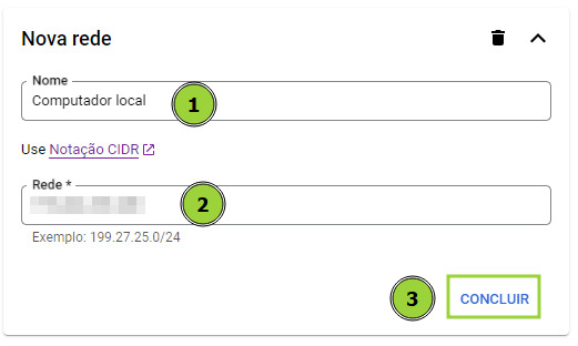 Uma imagem mostra os passos de criação de uma nova rede. O primeiro passo é adicionar um nome, que é Computador local, no exemplo. O segundo passo é adicionar o número do IP, e o terceiro é clicar no botão de concluir.