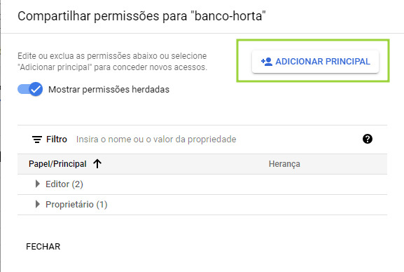 Imagem da tela de compartilhamento de uma conexão externa no BigQuery. O botão “Adicionar principal” está destacado por um retângulo.