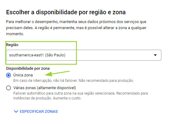 Tela de escolha de disponibilidade por região e zona; A disponibilidade por zona está selecionada como “Única zona”. A outra possibilidade é “Várias zonas”, o que permitiria a escolha de mais de uma região. A região escolhida foi São Paulo.