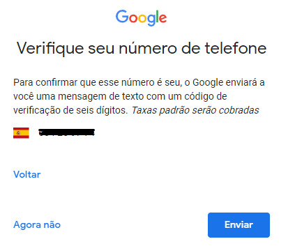 Tela para envio de SMS para confirmação do telefone incluído. Nela são apresentada as seguintes opções de escolha: “Voltar” e “Agora Não”. Ao lado, à direita, é disponibilizado na cor azul obotão com a opção “Enviar”