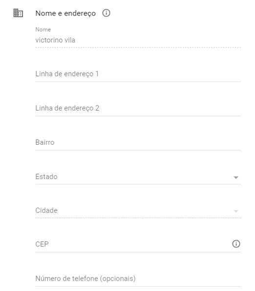 Tela para inclusão de dados pessoais do usuário que irá acessar a nuvem Google. Do topo para baixo, há as seguintes lacunas para ser preenchidas: Nome, Linha de endereço 1, Linha de endereço 2 , Bairro, Estado,Cidade, CEP, Número de telefone (opcionais).