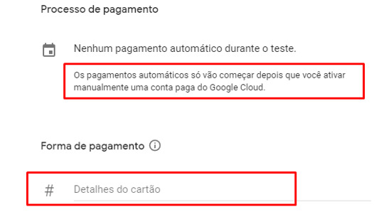 Tela para inclusão de dados pessoais do usuário que irá acessar a nuvem Google. Inclusão dos dados de cartão de crédito.