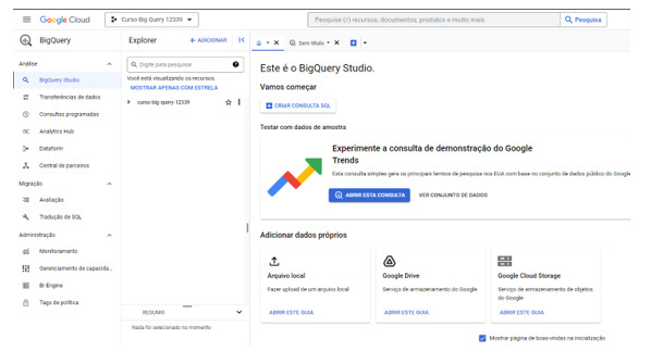 Telado Bigquery studio onde as consultas à base de dados serão efetuadas.