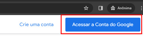 Botão do site da conta Google para acessar os dados específicos através do login da conta que quer ser eliminada. Localizado à direita, na parte superior da tela.