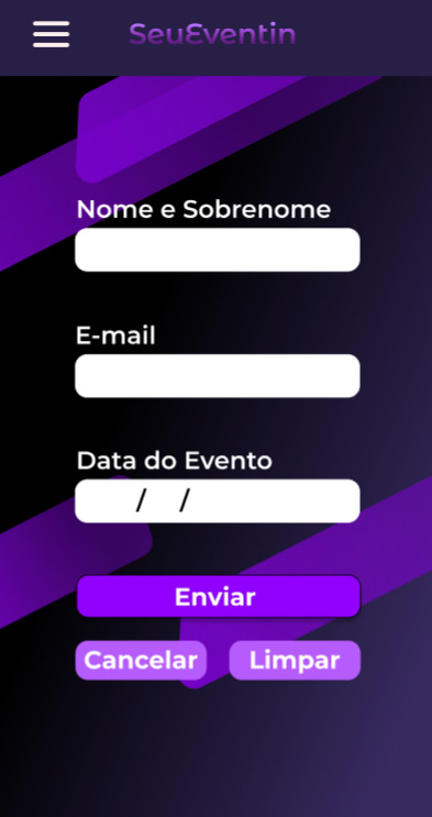 tela de cadastro de um app de eventos, com campos de nome, e-mail, data do evento e botões de enviar, cancelar e limpar.