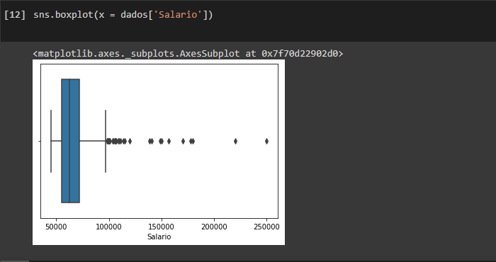 Imagem mostra um boxplot gerado no python com o auxílio da biblioteca seaborn. O boxplot mostra os salários dos funcionários da nossa base de dados.