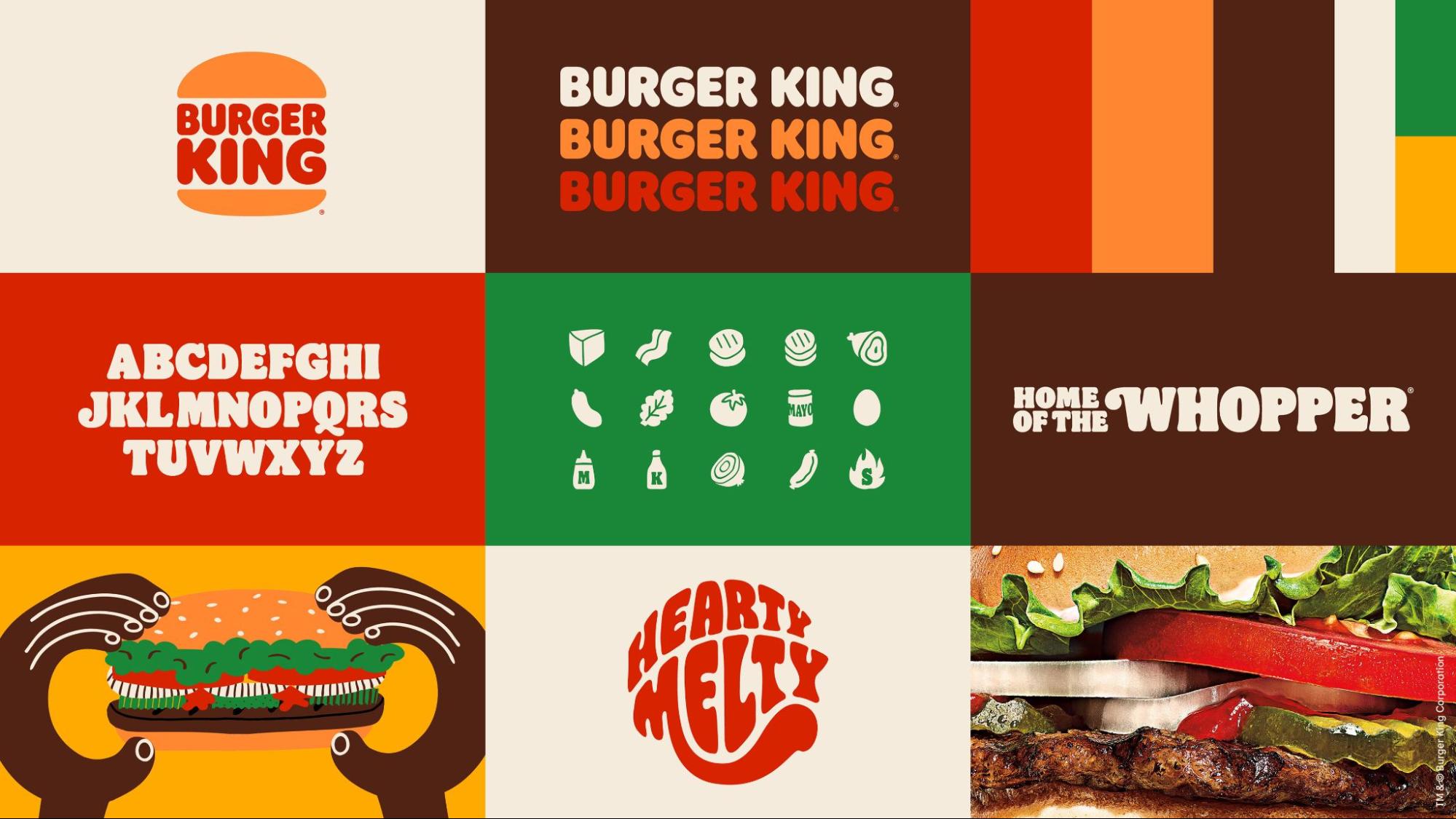 Na imagem aparece uma parte do plano de branding do Burger King com imagens, logotipo e tipografia.