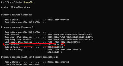 imagem do terminal do Windows após executar ipconfig