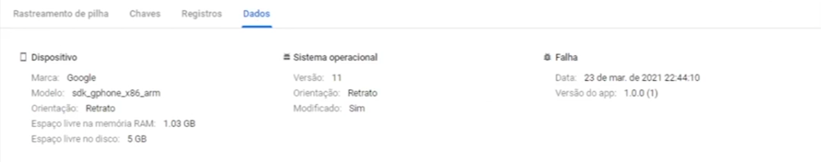 Na imagem, há a aba de “Dado” de um erro capturado com o Crashlytics. Nela há apenas dados sobre o dispositivo e o contexto da falha, mas nada sobre quem está usando.