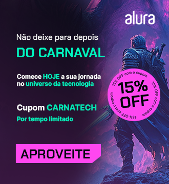 banner promocional da Alura para campanha de Carnaval. No lado esquerdo, há um fundo escuro com um degradê roxo e verde, onde o texto promocional aparece em letras brancas e verdes: 