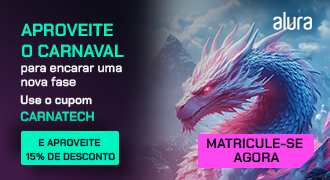 banner promocional da Alura para campanha de Carnaval. No lado esquerdo, há um fundo escuro com um degradê roxo e verde, onde o texto promocional aparece em letras brancas e verdes: 