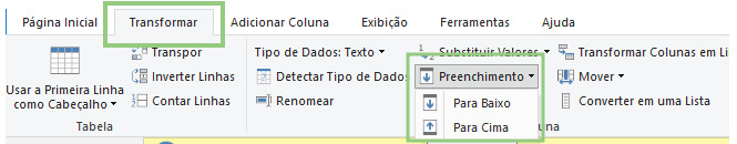 Print do power query na aba transformar com a opção preenchimento expandida e demarcada.