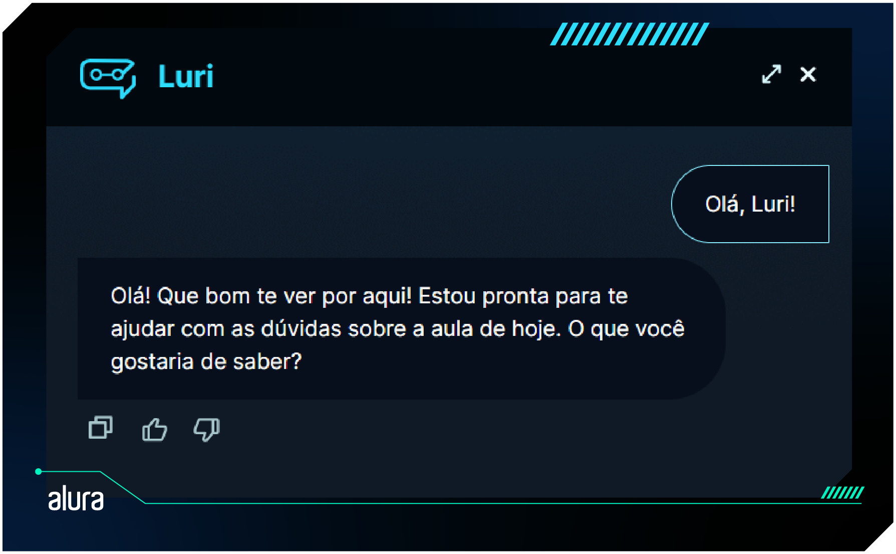 "Olá, Luri!" em um balão de fala. "Olá! Que bom te ver por aqui! Estou pronta para te ajudar com as dúvidas sobre a aula de hoje. O que você gostaria de saber?" em outro balão de fala.