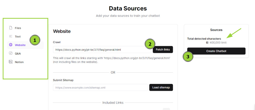 Tela de fontes de dados no Chatbase. A seção "Website" está aberta, mostrando opções para inserir um link para rastreamento ou enviar um sitemap. O campo de link está preenchido com "https://docs.python.org/pt-br/3.11/faq/general.html". Há um botão preto ao lado com o texto "Fetch links" e outro abaixo com o texto "Load sitemap". À direita, há uma seção mostrando o limite total de caracteres detectados, que é de 0/400,000, e um botão preto com o texto "Create Chatbot"