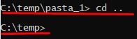 Na imagem é apresentada a execução do comando `cd` no `cmd` para navegar da pasta `c:\temp` para a `c:\temp\pasta_1`.