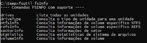 Na imagem é apresentada a execução do comando `fsutil` junto com o `fsinfo`.