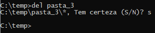 Na imagem é apresentada a execução do comando `del` no `cmd` para exclusão do conteúdo da pasta `pasta_3`.