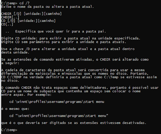 Na imagem é apresentada a execução do comando `cd /?`.