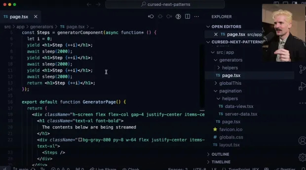 Captura de tela de um ambiente de desenvolvimento com um editor de código exibindo um arquivo chamado 'TS page.tsx'. O código apresenta um componente de gerador chamado 'Steps', usando uma função assíncrona que executa uma série de 'await sleep(2000)' seguidos por 'yield <h1>Step {i}</h1>', onde 'i' é incrementado a cada passo. Abaixo, uma função 'GeneratorPage()' retorna JSX que renderiza um cabeçalho e o componente 'Steps' dentro de um contêiner com estilo. O painel à direita mostra o 'EXPLORER' do VSCode com vários arquivos abertos, incluindo 'TS page.tsx'. Na parte superior direita, há uma pessoa com cabelo claro e uma camisa clara, explicando o código.