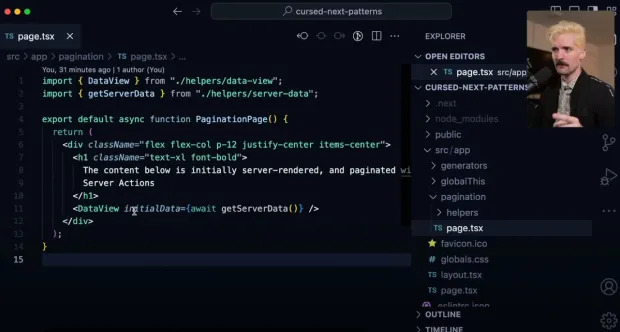 A imagem mostra uma captura de tela de uma interface de desenvolvimento de software com um editor de código aberto. O arquivo em foco é o 'page.tsx' contido na pasta 'pagination' de um projeto Next. O código exibido é uma função React assíncrona chamada 'PaginationPage()' que retorna JSX com um cabeçalho e um componente 'DataView' que recebe dados de 'getServerData'. O painel à direita, chamado 'EXPLORER', lista arquivos e pastas do projeto, com 'page.tsx' atualmente selecionado. No canto superior direito, uma pessoa com cabelo claro e camisa escura é visível, explicando o código.