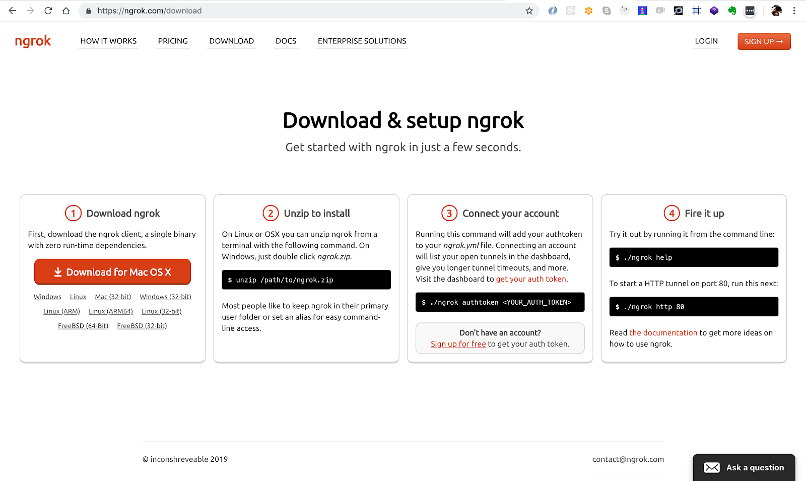 Site do ngrok na área de download