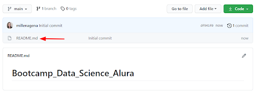 página inicial do repositório criado, onde uma seta vermelha aponta para o arquivo README.md #inset