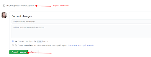 Imagem da tela onde deve ser adicionado os arquivos. Nessa tela foi feito o upload do arquivo ano_mes_processamento.csv e está mostrando o commit feito para adicionar esse arquivo #inset